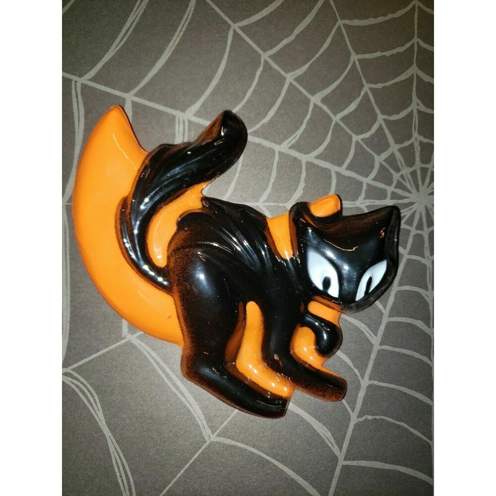 Vintage Halloween Black Cat In Moon Cake Topper Thin Plastic 4" NOS H1